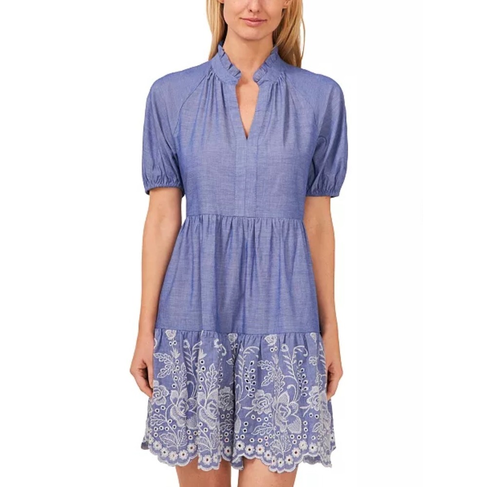 CeCe Floral Embroidered Cotton Babydoll Mini Dress Tiered Medium Puff Sleeve